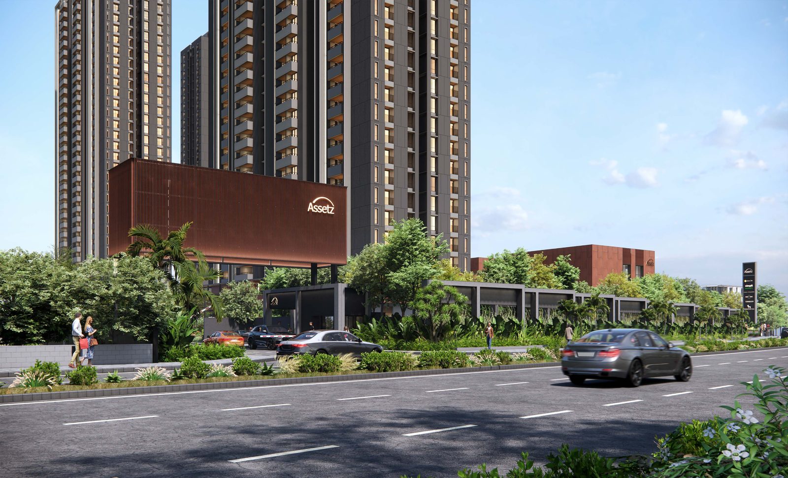 Assetz Naru & Nami towers and corten entrance along Old Madras Road, Hoskote