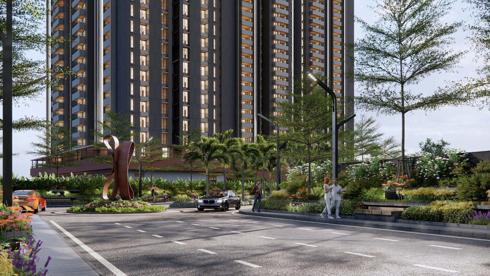 Assetz Naru & Nami luxury 3 BHK apartment towers with corten-steel sculpture, Hoskote, East Bangalore
